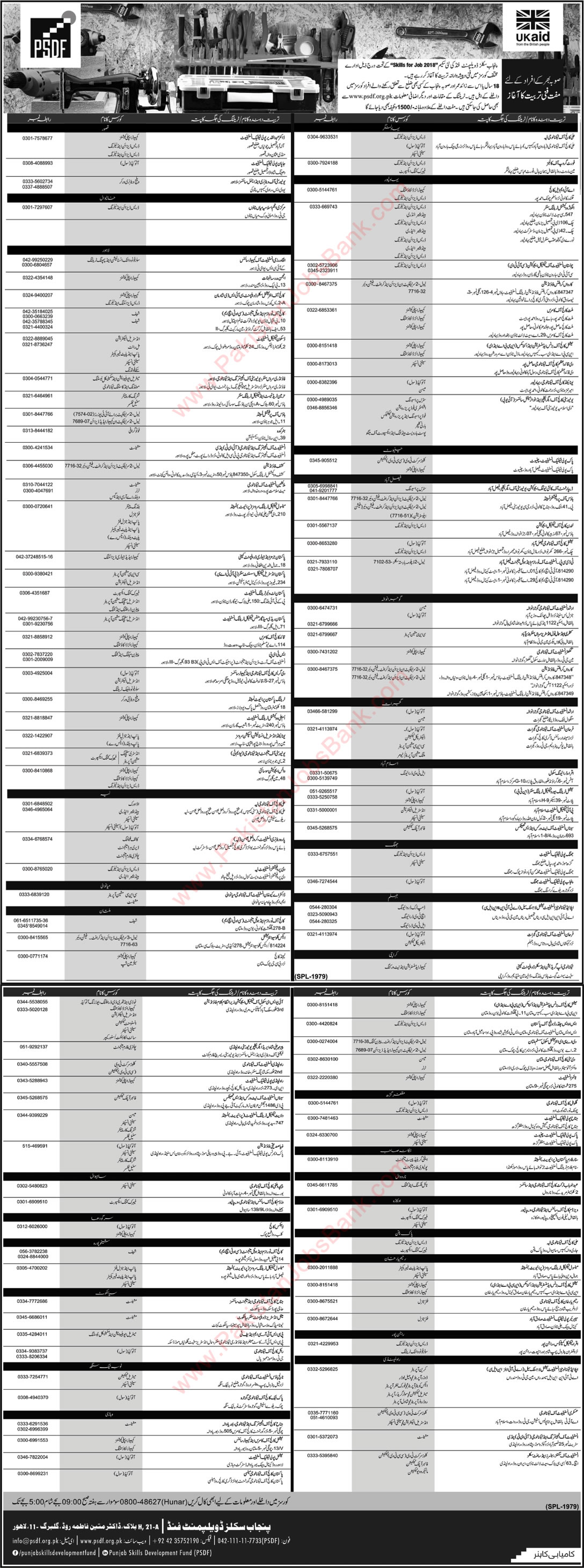 PSDF Free Courses December 2018 / 2019 Punjab Skills Development Fund Latest