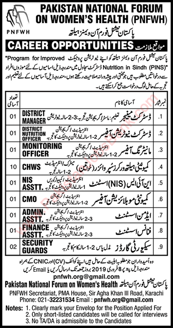 Pakistan National Forum on Women's Health Jobs 2019 February Sindh Community Health Supervisors & Others Latest