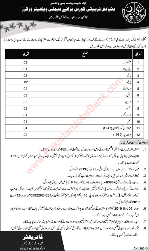 Family Welfare Worker Free Courses in AJK 2019 February Population Welfare Department Latest
