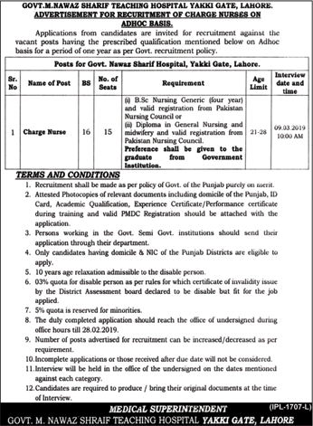 Charge Nurse Jobs in Nawaz Sharif Hospital Lahore February 2019 Latest