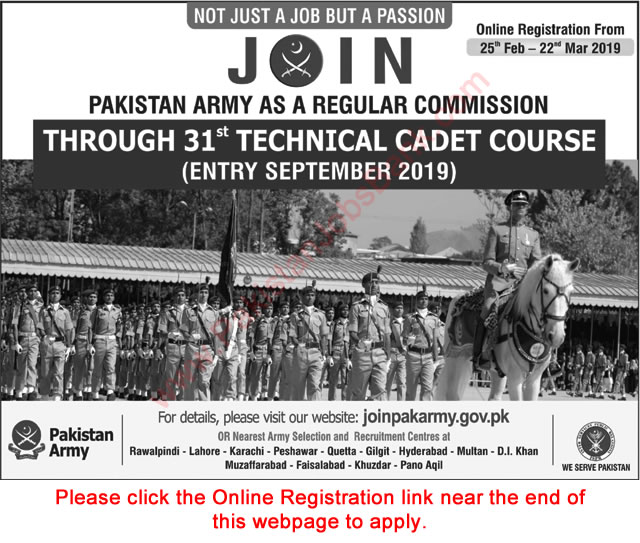 Join Pakistan Army through 31th Technical Cadet Course 2019 February Online Registration Regular Commission Latest