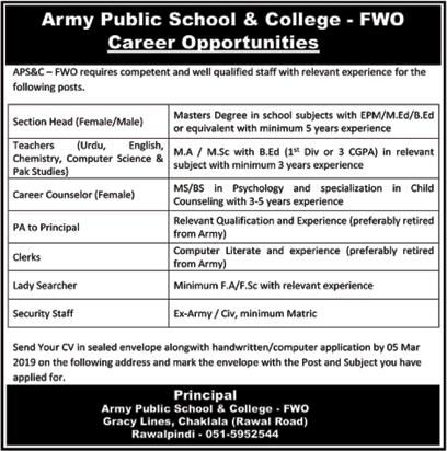 Army Public School and College Rawalpindi Jobs 2019 March FWO Teachers & Others APS&C Latest