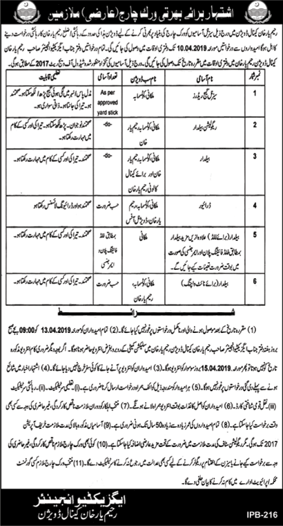 Irrigation Department Rahim Yar Khan Jobs 2019 March Baildar, Gauge Reader & Driver Latest