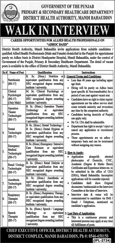 Health Department Mandi Bahauddin Jobs 2019 March Walk in Interview Latest