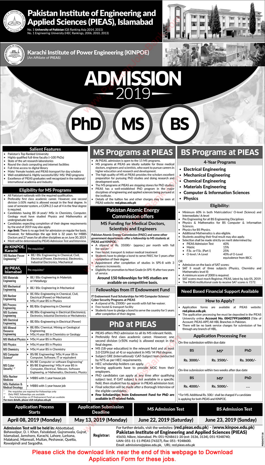 PIEAS Fellowships 2019 MS / Postgraduate Programs for Engineers, Scientists & Doctors in PAEC KINPOE Online Apply Latest