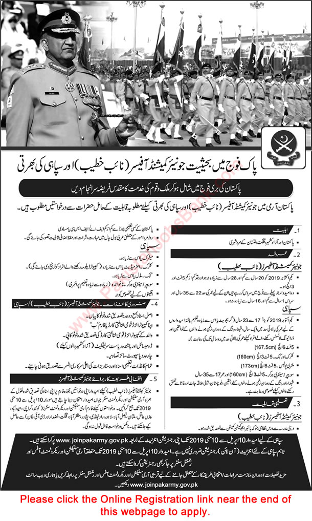 Join Pakistan Army as Soldier & Naib Khateeb 2019 March / April Junior Commissioned Officer Online Registration Latest
