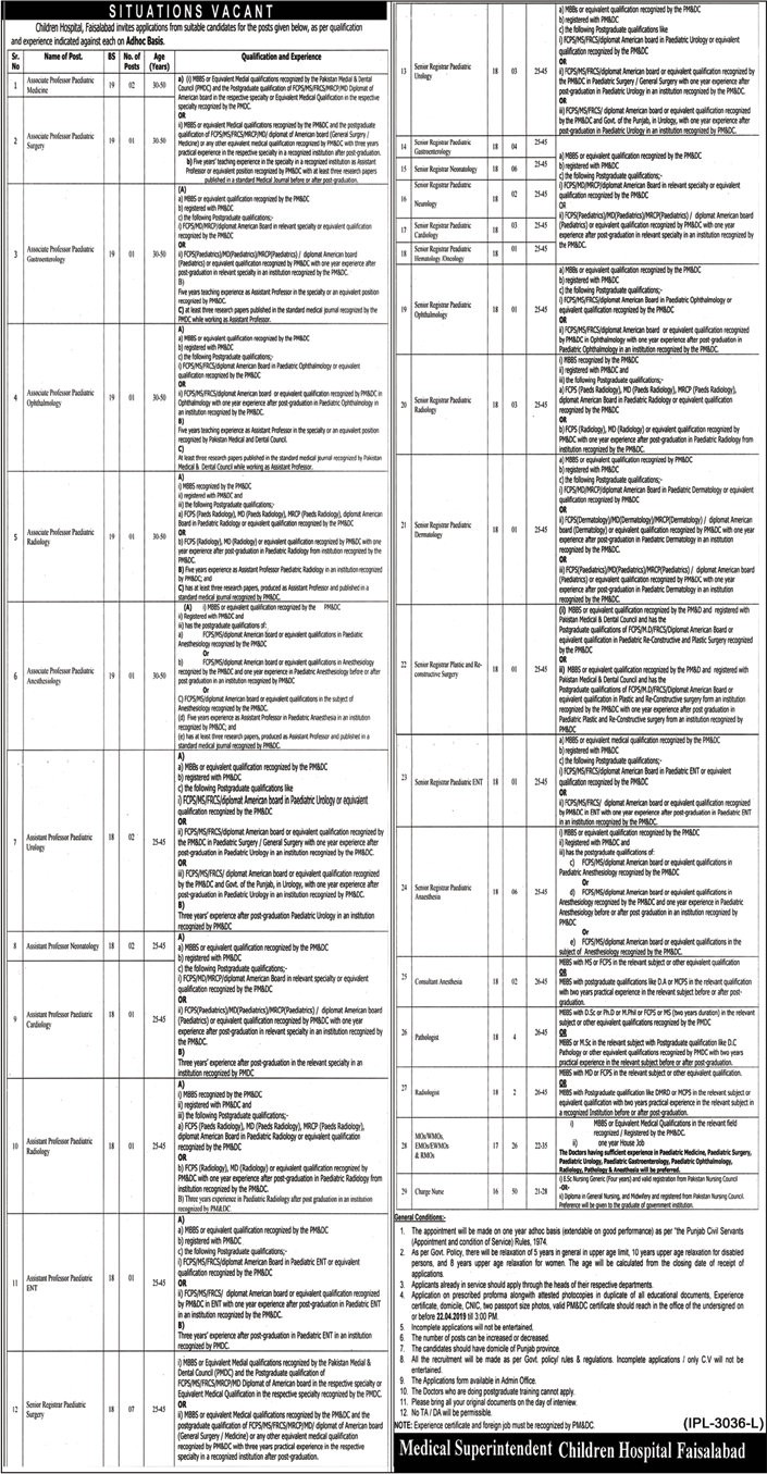 Children's Hospital Faisalabad Jobs 2019 April Nurses, Medical Officers & Others Latest