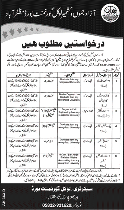 AJK Local Government Board Muzaffarabad Jobs 2019 April / May Civil Engineers & Others Latest