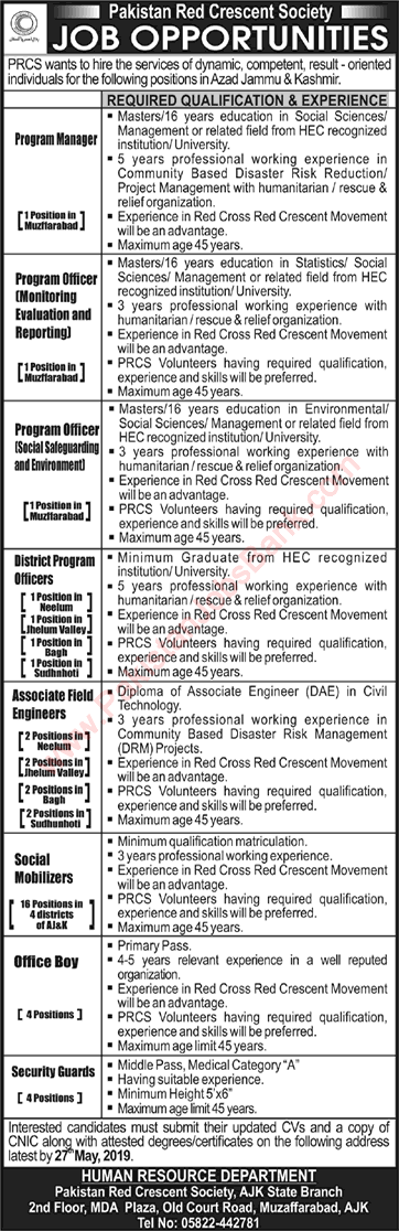 Pakistan Red Crescent Society AJK Jobs May 2019 Social Mobilizers & Others PRCS Latest