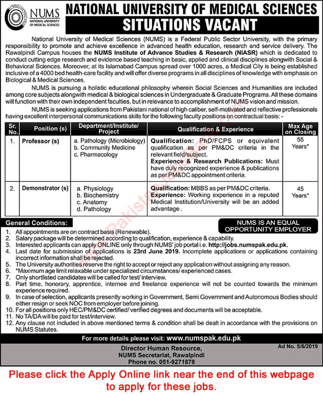 NUMS University Rawalpindi Jobs 2019 June Apply Online Professors & Demonstrators Latest