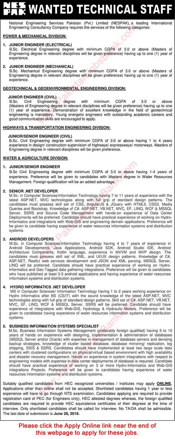 NESPAK Jobs June 2019 Apply Online Junior Engineers & Others National Engineering Services Pakistan Latest