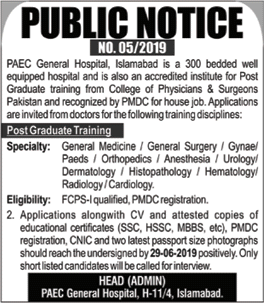 PAEC General Hospital Islamabad Postgraduate Training 2019 June Latest