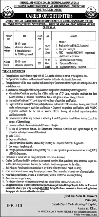 Sheikh Zayed Hospital Rahim Yar Khan Jobs June 2019 Charge Nurses & Medical Officers Latest