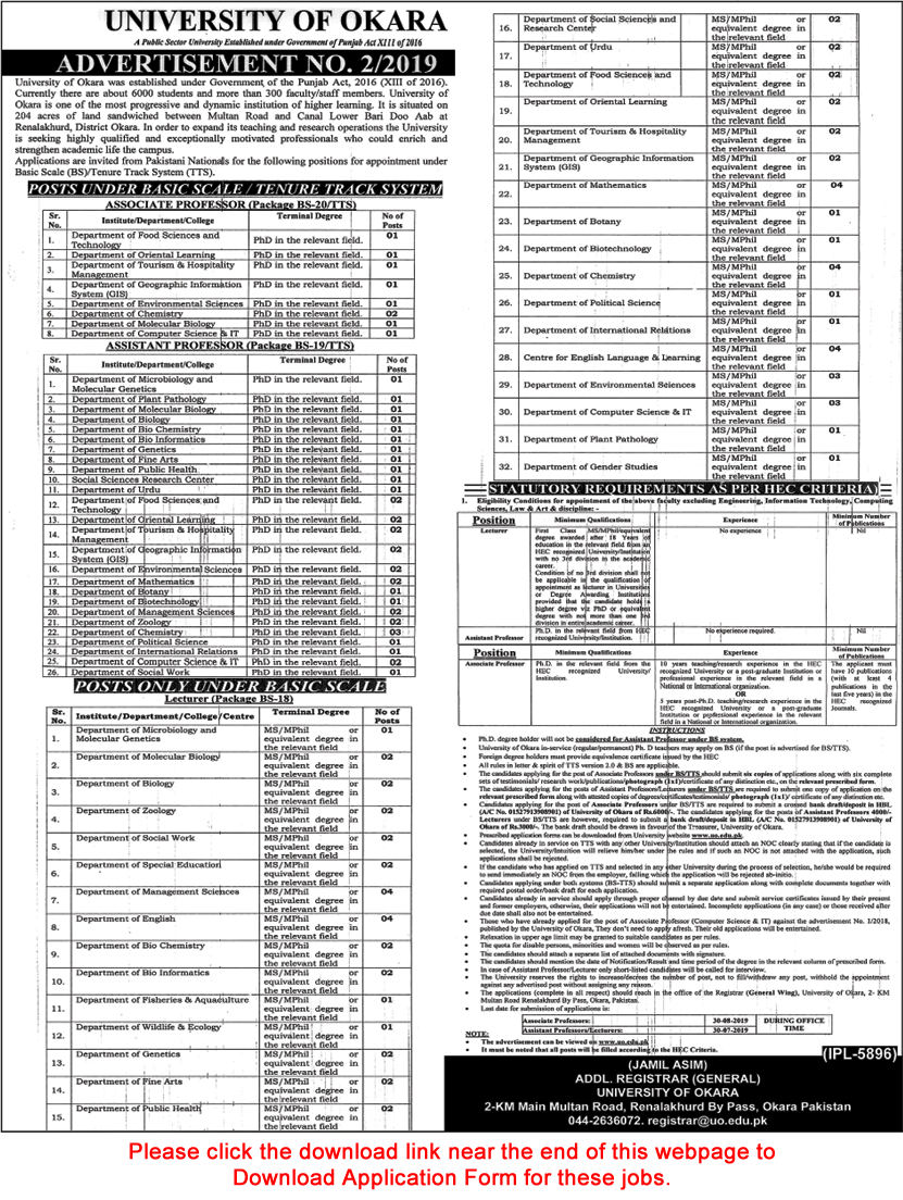 University of Okara Jobs 2019 July Application Form Teaching Faculty Latest