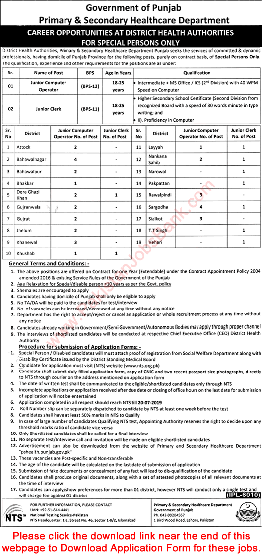 Primary and Secondary Healthcare Department Punjab Jobs July 2019 NTS Application Form Disabled Quota Latest
