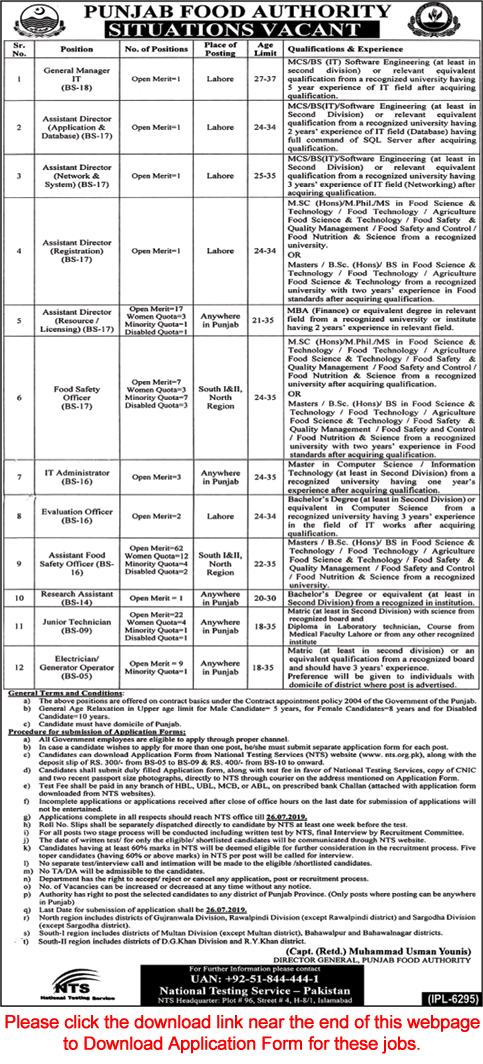 Punjab Food Authority Jobs July 2019 Assistant Food Safety Officers & Others NTS Application Form Latest