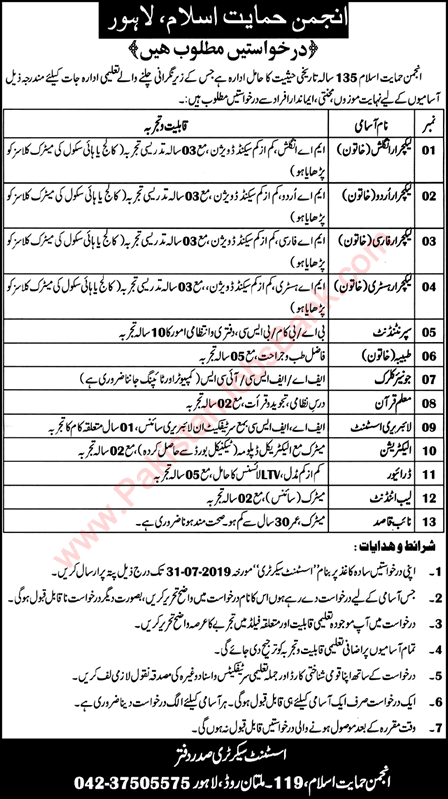 Anjuman Himayat e Islam Lahore Jobs 2019 July Lecturers, Clerk & Others Latest