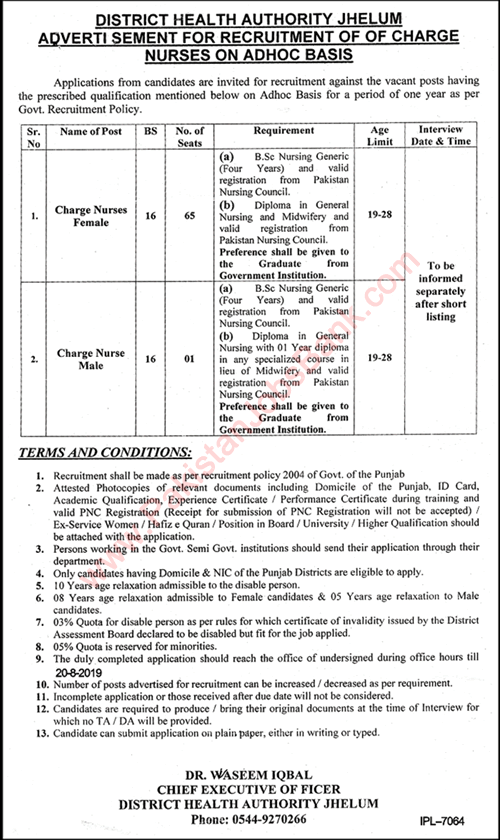 Charge Nurse Jobs in Health Department Jhelum August 2019 Latest