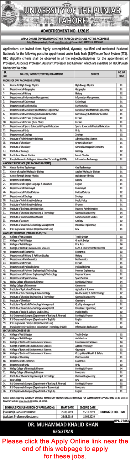 Punjab University Lahore Jobs 2019 August Apply Online Teaching Faculty Latest