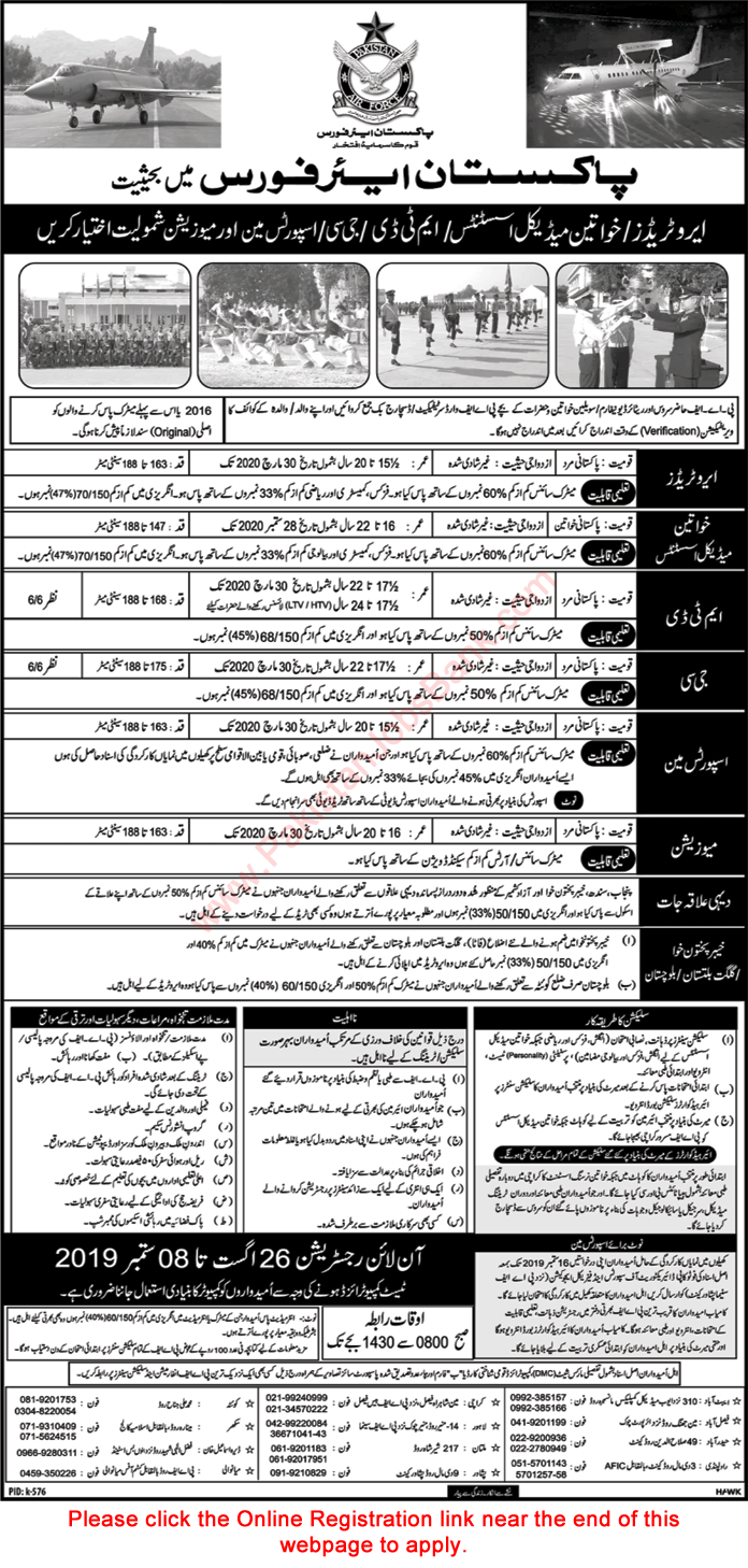 Pakistan Air Force Jobs August 2019 Online Registration Join as Aero Trades, Nursing Assistants, MTD, GC, Sportsman & Musician Latest