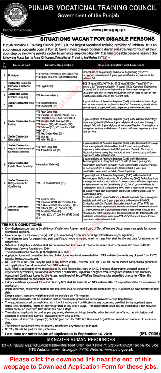 PVTC Punjab Jobs August 2019 Instructors & Principal Disable Quota Punjab Vocational Training Council Latest