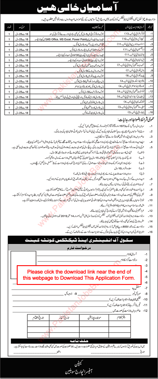 School of Infantry and Tactics Quetta Jobs 2019 August Application Form Ministry of Defence Latest
