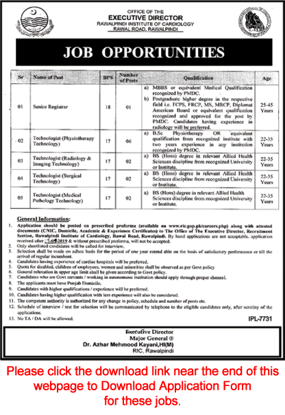 Rawalpindi Institute of Cardiology Jobs August 2019 September RIC Application Form Latest
