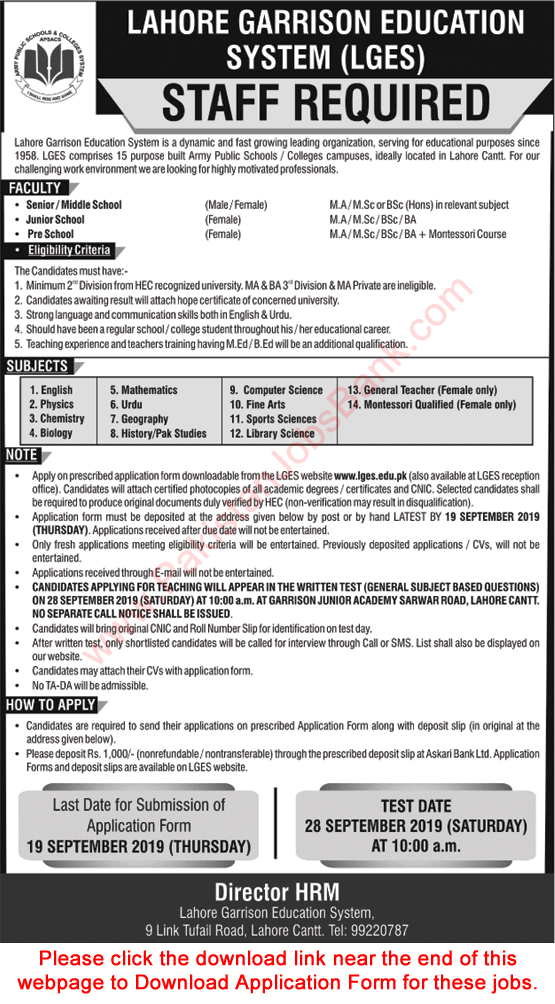 Lahore Garrison Education System Jobs September 2019 Application Form Teaching Faculty Latest