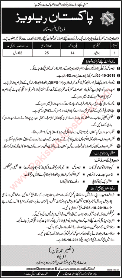 Driver Jobs in Pakistan Railways September 2019 Multan Division Latest