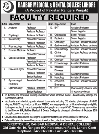 Teaching Faculty Jobs in Rahbar Medical and Dental College Lahore 2019 September Latest