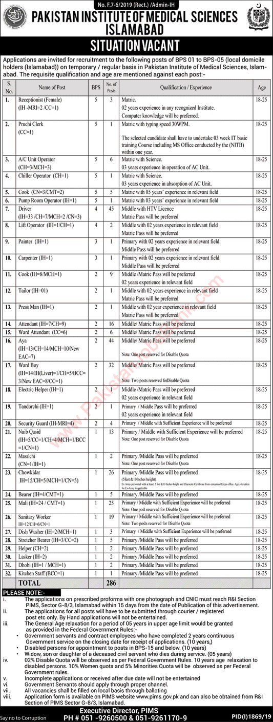 PIMS Hospital Islamabad Jobs 2019 October Pakistan Institute of Medical Sciences Latest