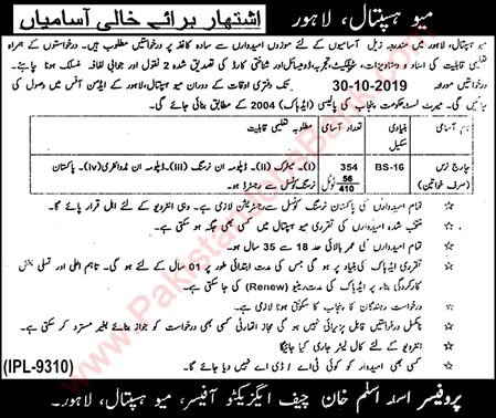 Charge Nurse Jobs in Mayo Hospital Lahore 2019 October Latest