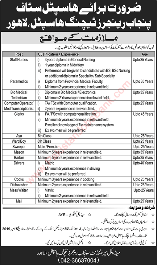 Punjab Rangers Teaching Hospital Lahore Jobs 2019 October Nurses, Technicians & Others Latest