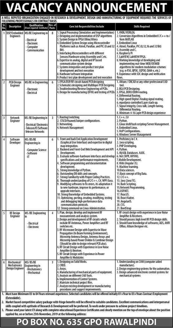 PO Box 635 GPO Rawalpindi Jobs 2019 November Software Developers, Embedded Engineers & Others Latest