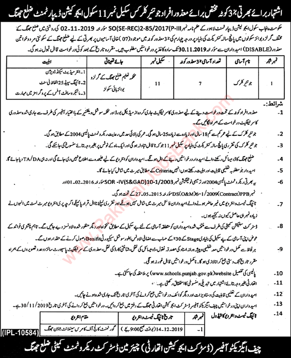 Clerk Jobs in Education Department Jhang 2019 November Disabled Quota Latest