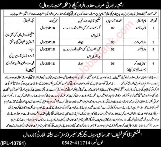 Health Department Narowal Jobs 2019 November Sanitary Worker, Ward Servant & Others Disable Quota Latest