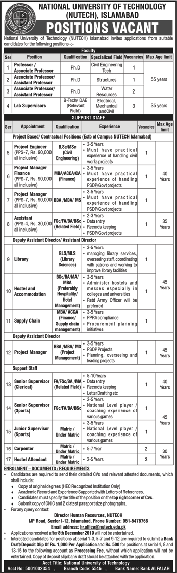 NUTECH University Islamabad Jobs November 2019 National University of Technology Latest