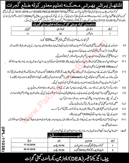 Clerk Jobs in Education Department Gujrat 2019 November / December for Disable Quota Latest