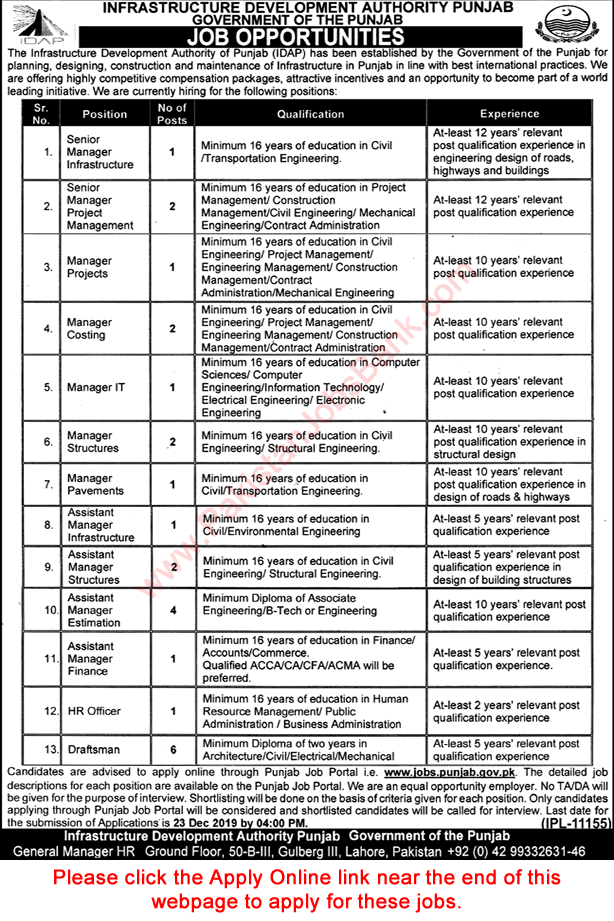 Infrastructure Development Authority Punjab Jobs December 2019 Apply Online IDAP Latest