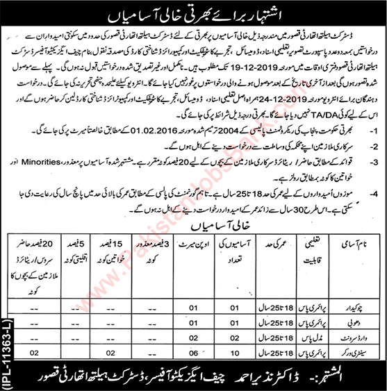 Health Department Kasur Jobs 2019 December Sanitary Workers, Ward Servants & Others Latest