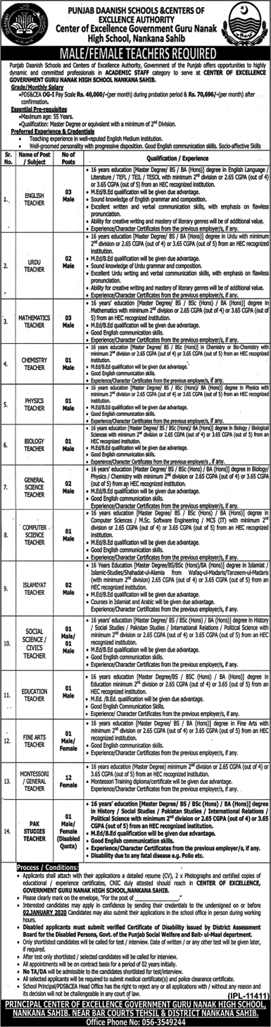 Danish School Nankana Sahib Jobs 2019 December Teachers PDS&CEA Latest