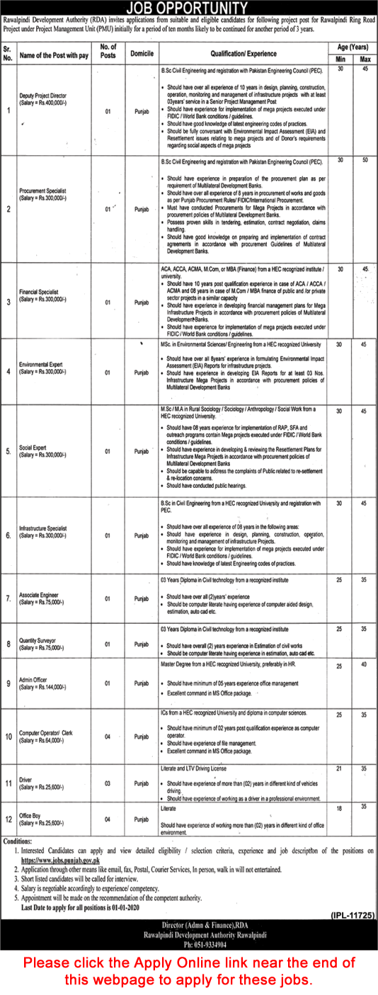 Rawalpindi Development Authority Jobs 2019 December Apply Online RDA Computer Operators, Clerks & Others Latest