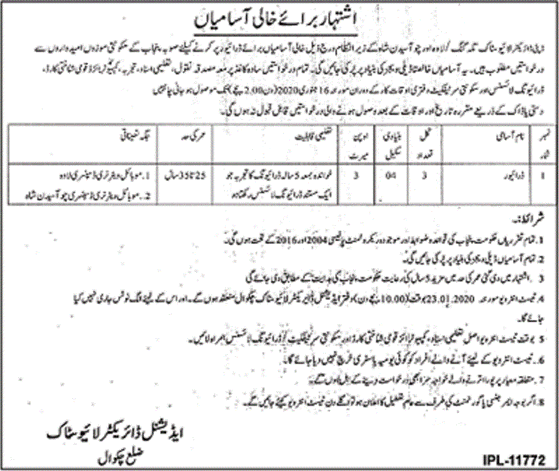 Driver Jobs in Livestock Department Chakwal 2019 December Latest