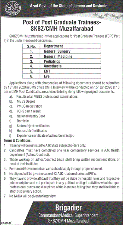 CMH Muzaffarabad Jobs 2019 December Postgraduate Trainees Combined Military Hospital Latest