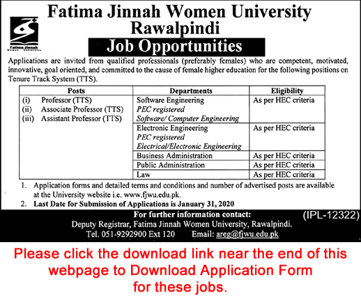 Teaching Faculty Jobs in Fatima Jinnah Women University Rawalpindi 2020 January Application Form Latest