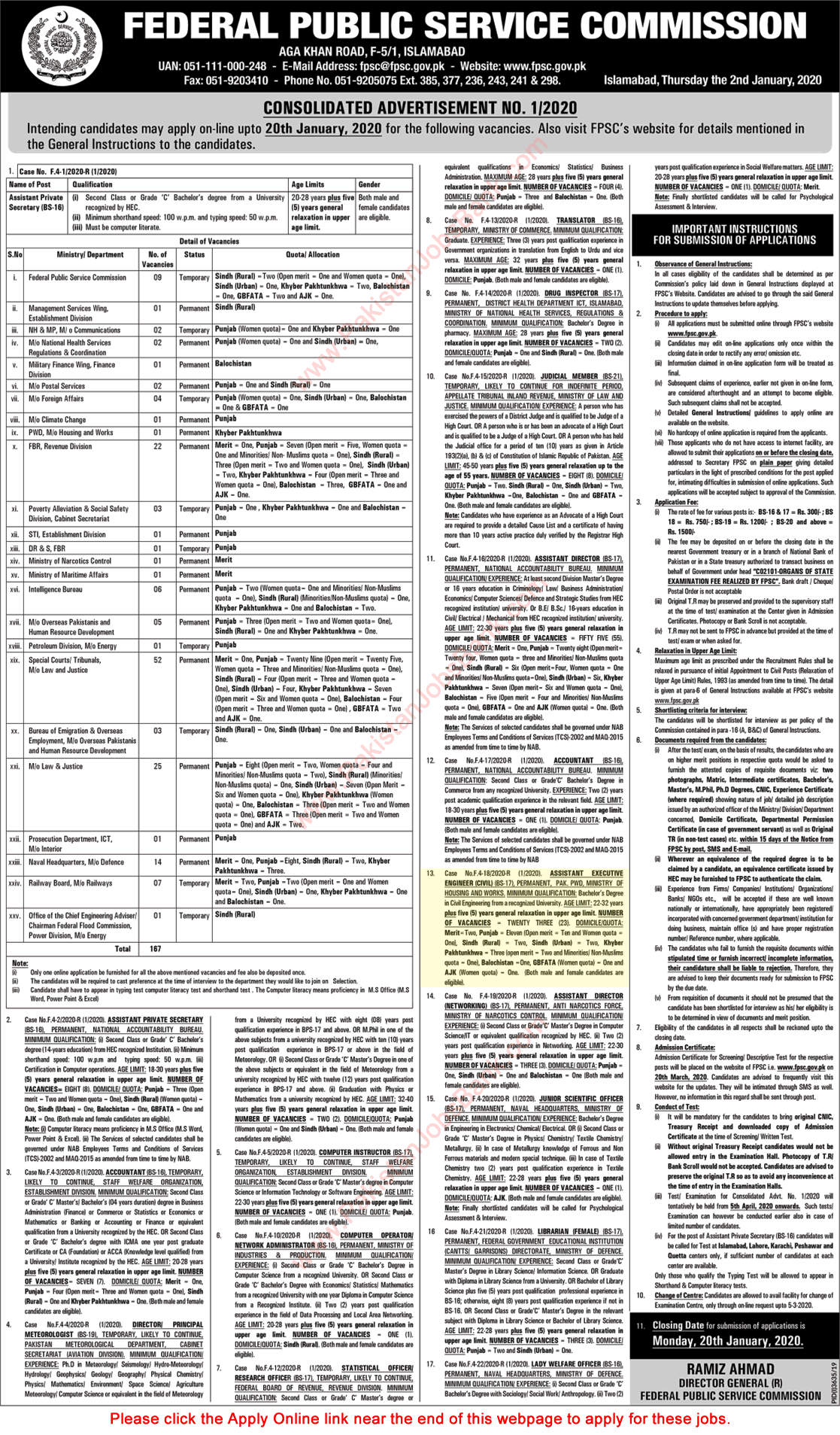 Civil Engineer Jobs in Ministry of Housing and Works 2020 January FPSC Online Apply Latest