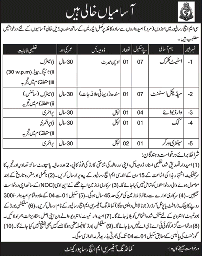 CMH Risalpur Jobs 2020 Clerk, Medical Assistant, Ward Boy & Others Combined Military Hospital Latest