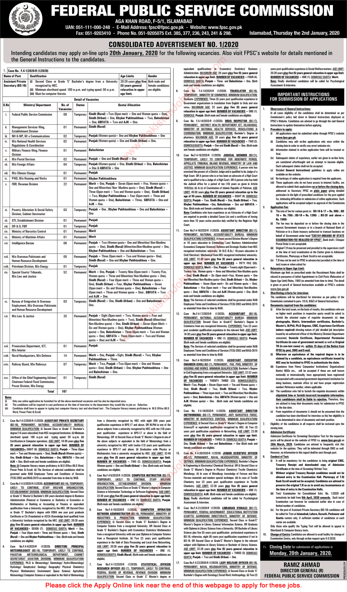FPSC Jobs 2020 January Apply Online Consolidated Advertisement No 01/2020 Latest