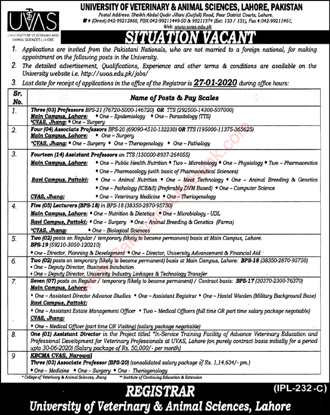 University of Veterinary and Animal Sciences Jobs 2020 January UVAS Teaching Faculty & Others Latest