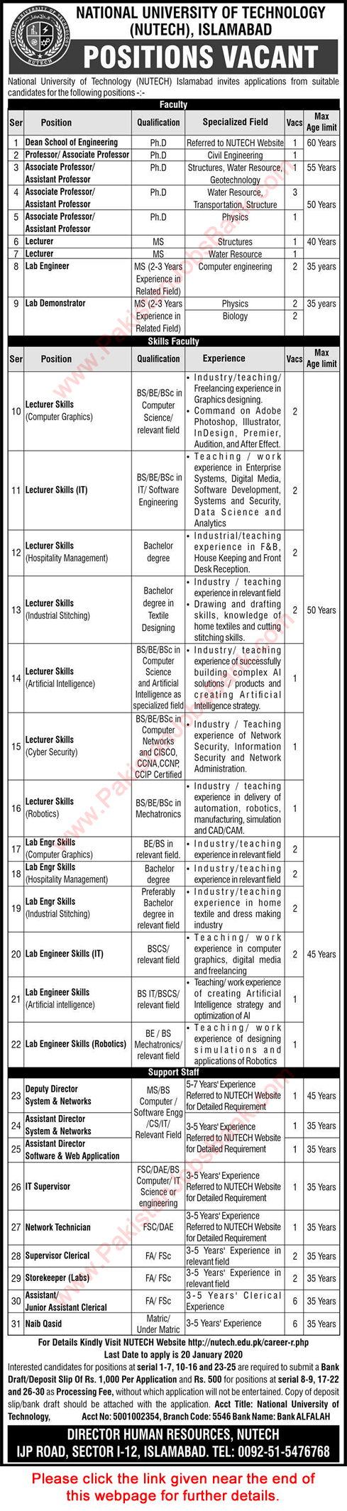 NUTECH University Islamabad Jobs 2020 January National University of Technology Latest